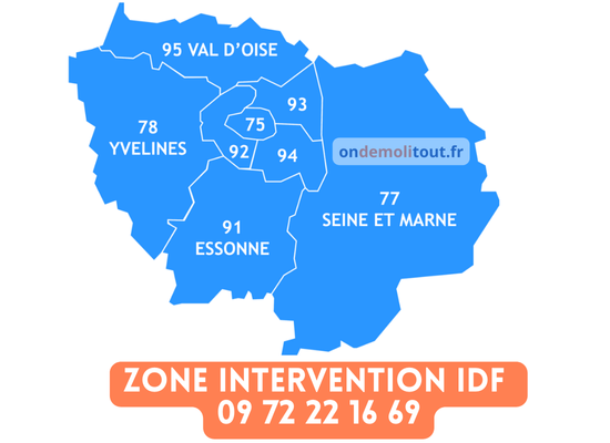 Carte de l'Île-de-France montrant les zones d'intervention de On Demolit Tout - Paris et tous les départements franciliens couverts