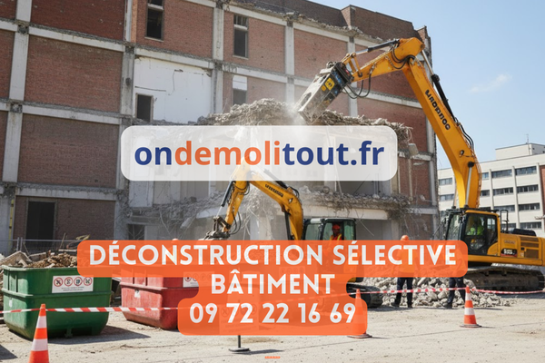 Déconstruction sélective d'un bâtiment en Île-de-France - tri des matériaux sur site avec pelle mécanique et bennes de recyclage