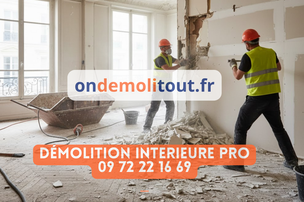 Chantier de démolition intérieure d'un appartement parisien - ouvriers en train de déposer cloisons et faux plafonds dans un appartement haussmannien