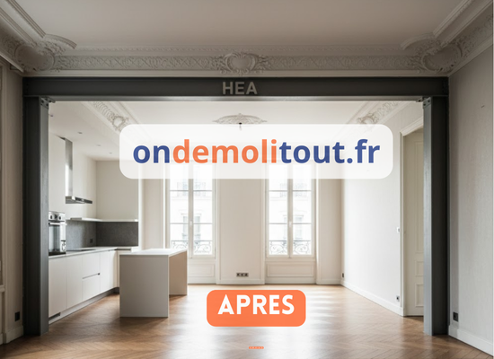 Cuisine ouverte sur salon après ouverture mur porteur 3m avec poutre IPN à Boulogne - espace lumineux et moderne