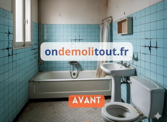 Salle de bain vétuste 8m² avant démolition Paris 11 - carrelage années 80 jauni, baignoire et lavabo anciens à déposer